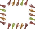 Hands of different people together on a white background. Frame. Vector Royalty Free Stock Photo